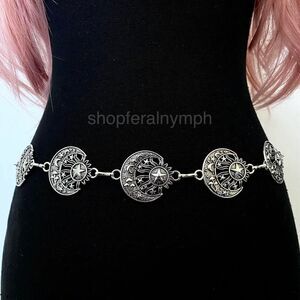 Silver Y2K Celestial Sun Moon Star Chain Belt, Fits 14-44 Inches, X7GA1499